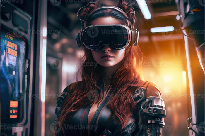 Illustration of an enthusiastic young women wearing virtual reality ...